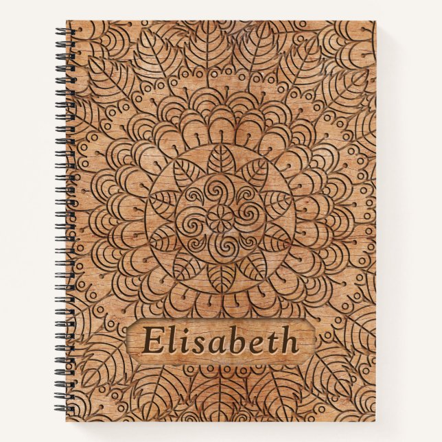 Carved Wood Floral Circles Mandala Personalisiert Notizbuch (Vorderseite)