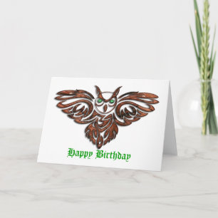 Carved Wood Horned Owl Birthday Karte