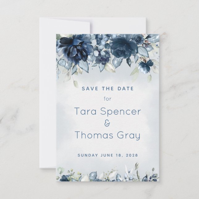 Cascading Dusty Blue Peony Wedding Save The Date (Vorderseite)