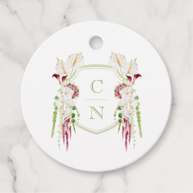 Cascading Floral Monogram Crest Wedding Geschenkanhänger (Vorderseite)