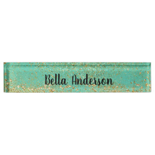 Cascading Gold Glitter & Teal Aqua Glam Trendy Namensplakette