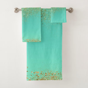 Cascading Gold Glitzer & Aquamarines Aqua Glam Mod Badhandtuch Set