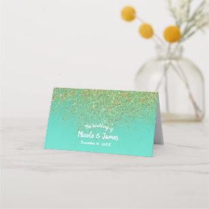 Cascading Gold Glitzer Aquamarines Aqua Party Tisc Platzkarte