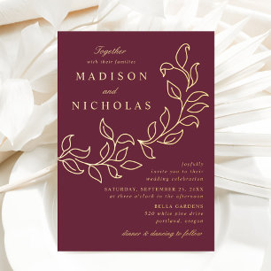 Cascading Leaves Hochzeit Merlot und Gold Folieneinladung