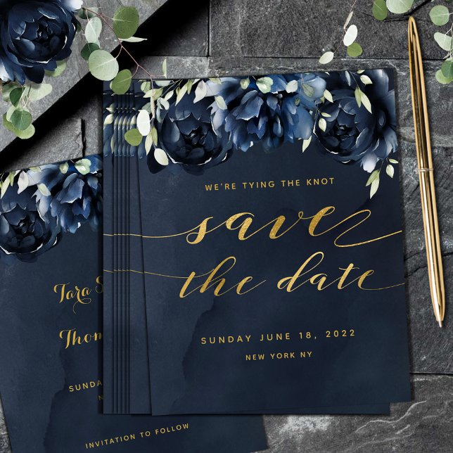 Cascading Peonies Gold Wedding Save the Date Card (Cascading Peonies Gold Wedding Save The Date Card Navy Blue)
