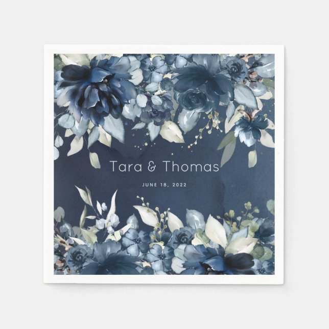 Cascading Peonies Wedding Navy Cocktail Napkins Serviette (Vorderseite)