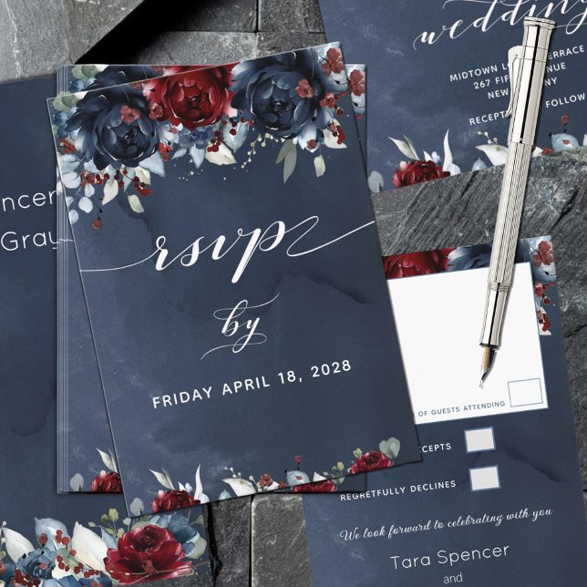 Cascading Peony Burgundy Navy Hochzeit RSVP Karte (Von Creator hochgeladen)