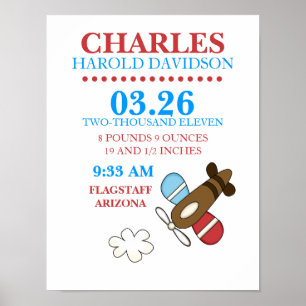 CASEY'S ABC Airplane Birth Announcement Wall Print Poster