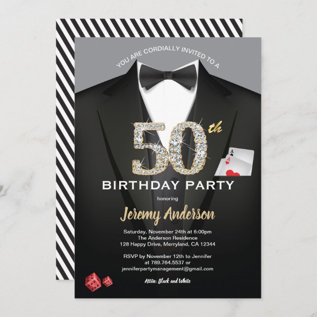 Casino 50. Geburtstag Einladung. Schwarz und Gold Einladung (Vorne/Hinten)