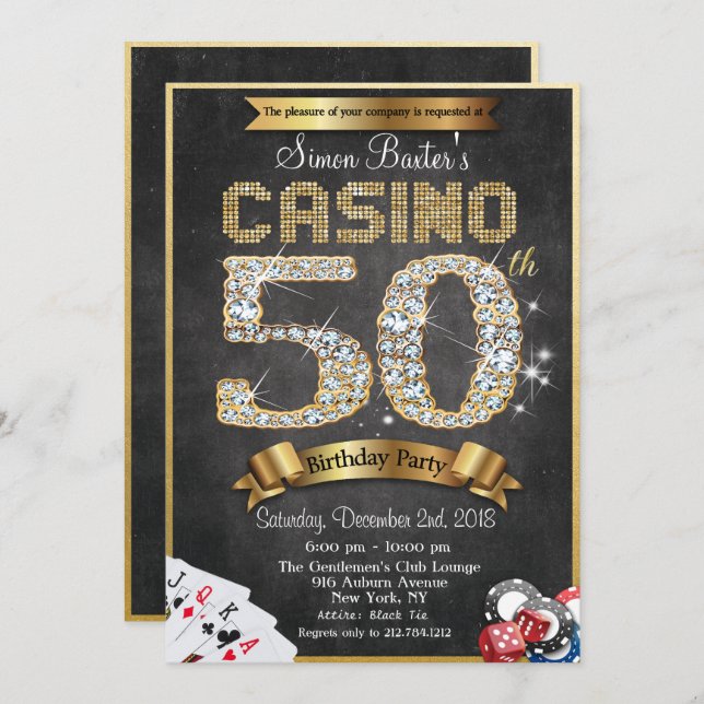 Casino 50 Gold Diamond Geburtstagsfeier Einladung (Vorne/Hinten)