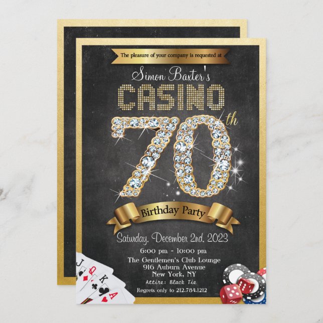 Casino 70. Gold Diamond Geburtstagsfeier Einladung (Vorne/Hinten)