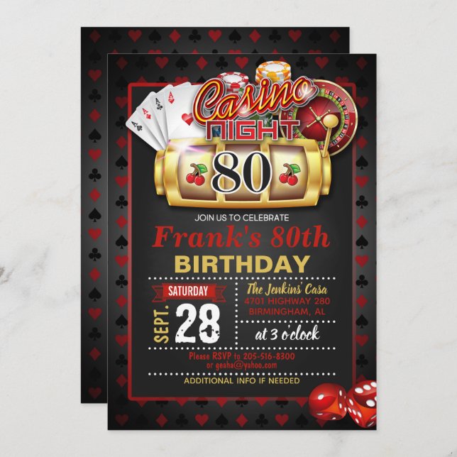 Casino 80. Geburtstag Einladung (Vorne/Hinten)
