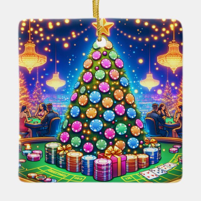 Casino Card Tisch und Poker Chip Weihnachtsbaum Keramikornament (Vorderseite)