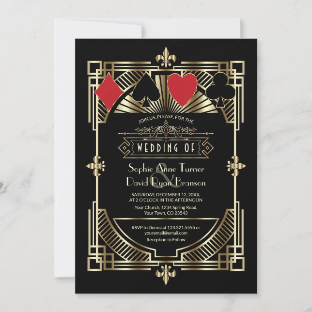Casino Gold Black Art Deco Roaring 20 Jahre Hochze Einladung (Vorderseite)