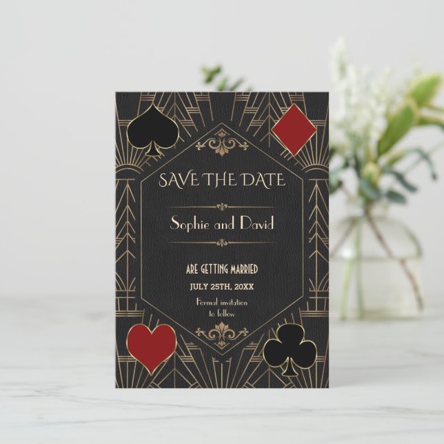 Casino Gold Black Gatsby Wedding Save The Date Einladung (Stehend Vorderseite)