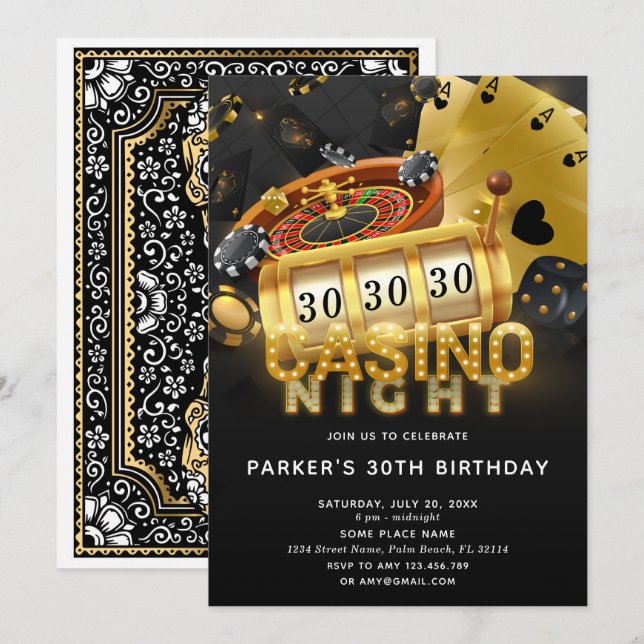 Casino Night Birthday Party Schwarzes Gold Einladung (Vorne/Hinten)