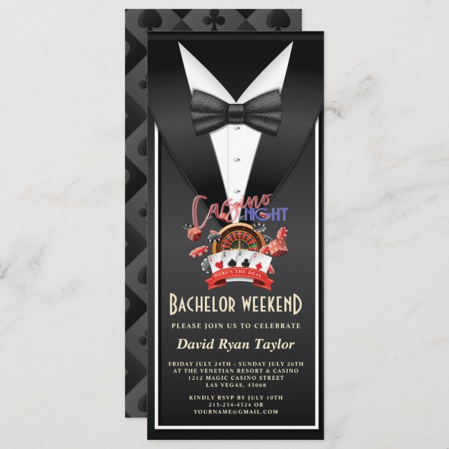 Casino Night Tuxedo Bachelor Einladung (Vorne/Hinten)