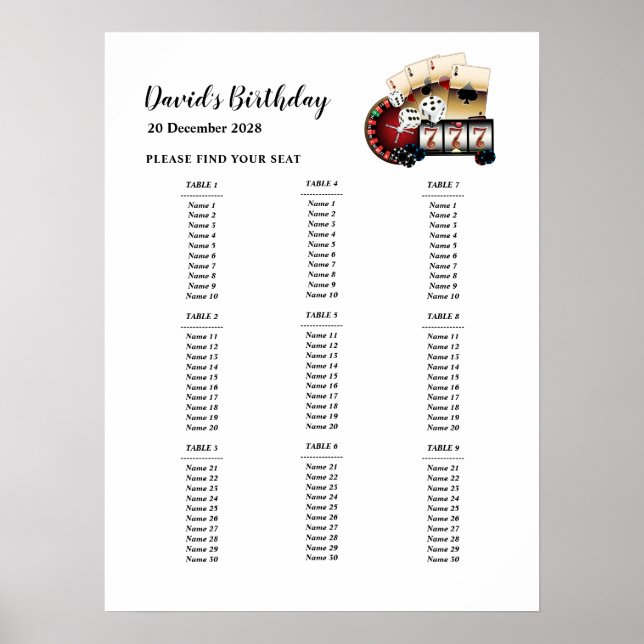 CASINO Party-Sitzzeichen, Geburtstagsfeiersitz Poster (Vorne)