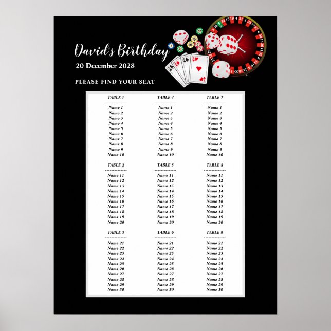 CASINO Party-Sitzzeichen, Geburtstagsfeiersitz Poster (Vorne)