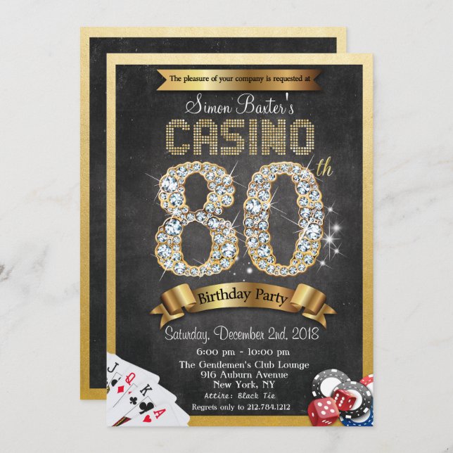 Casino Poker 80. Geburtstag Einladung (Vorne/Hinten)