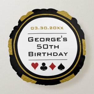 Casino Poker Chip Black and Gold Geburtstag Rundes Kissen
