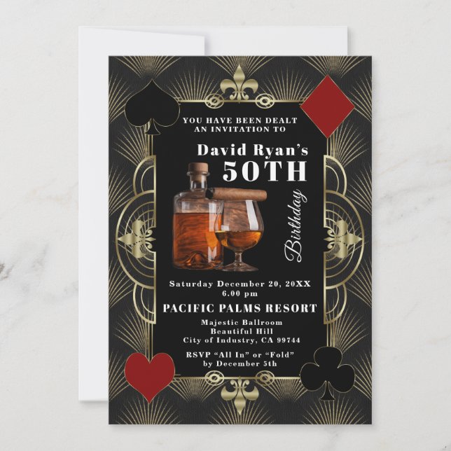 Casino Vegas Cognac And Cigar 50th Birthday Party  Einladung (Vorderseite)