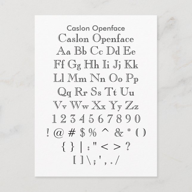 Caslon Openface - Zazzle Schriftart Sampler Sheet Postkarte (Vorderseite)