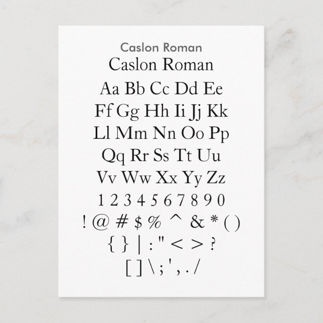 Caslon Roman - Zazzle Schriftart Sampler Sheet Postkarte (Vorderseite)