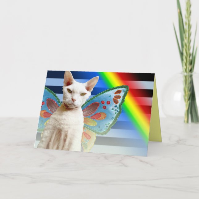 Casper Rainbow Fee | Devon Rex Cat Birthday Card Karte (Vorderseite)