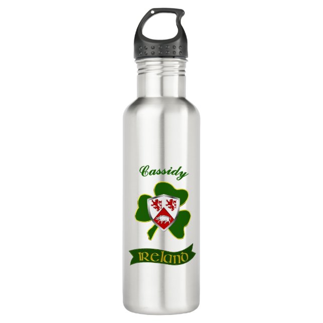 Cassidy Irish Shield & Kleeblatt Personalisiert Edelstahlflasche (Vorderseite)