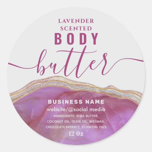 Cassis Blush-Marmor-Agate-Skript-Butterlabel Runder Aufkleber (Vorderseite)