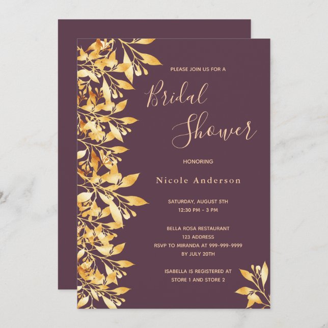 Cassis botanisches lila Skript Gold Brautparty Einladung (Vorne/Hinten)