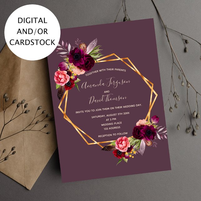 Cassis burgundy Florals Gold geometrische Hochzeit Einladung (Von Creator hochgeladen)