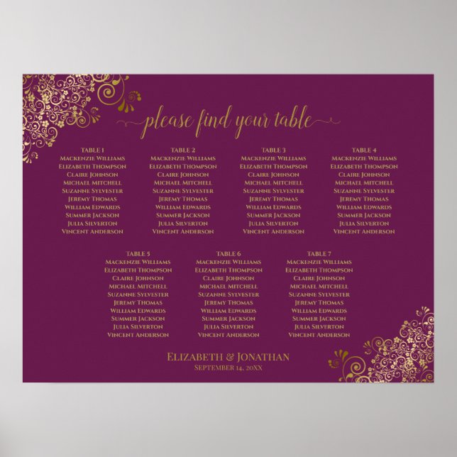 Cassis Lila & Gold 7 Tabelle Seating Chart Poster (Vorne)