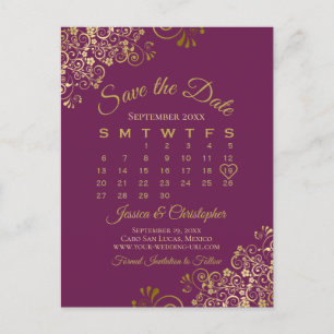 Cassis Lila Gold Wedding Save the Date Calendar Ankündigungspostkarte