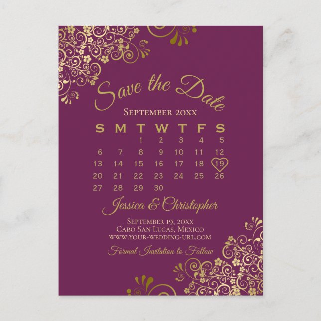 Cassis Lila Gold Wedding Save the Date Calendar Ankündigungspostkarte (Vorderseite)