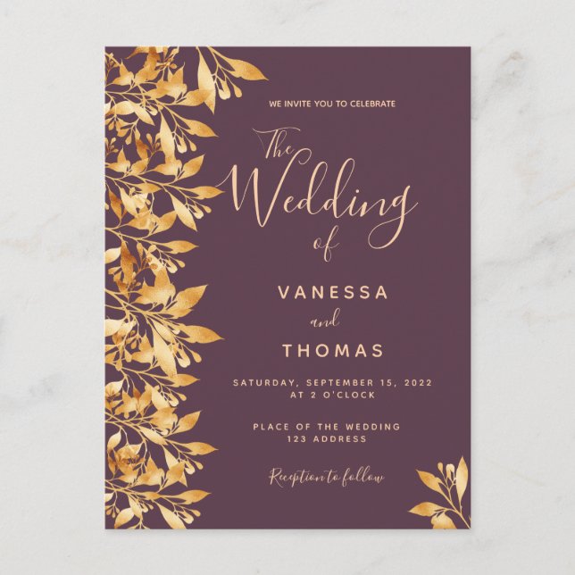 Cassis lila goldene botanische Hochzeit Postkarte (Vorderseite)