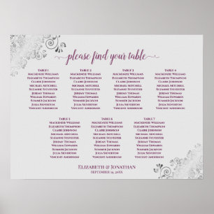 Cassis Lila & Grau 7 Tabelle Hochzeitskarte Poster