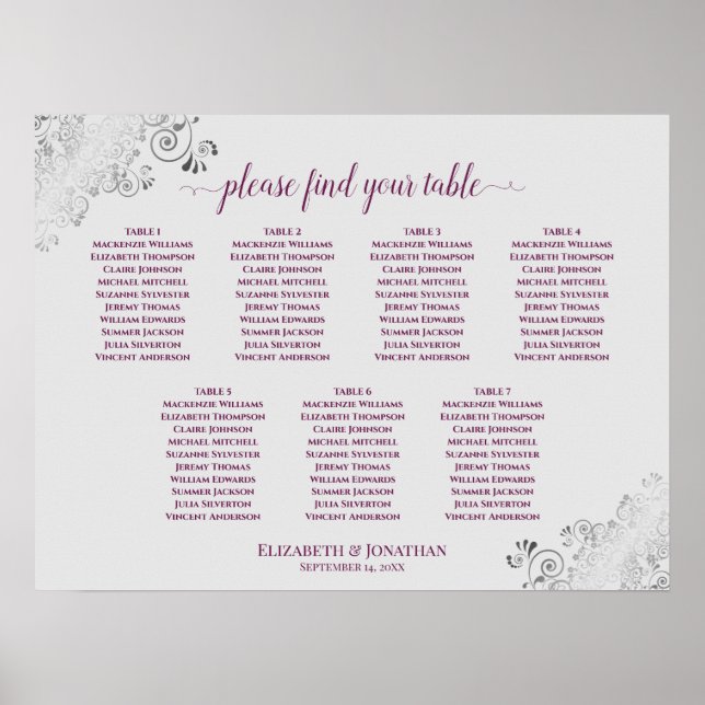 Cassis Lila & Grau 7 Tabelle Hochzeitskarte Poster (Vorne)