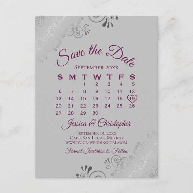 Cassis Lila Gray Wedding Save the Date Calendar Ankündigungspostkarte (Vorderseite)