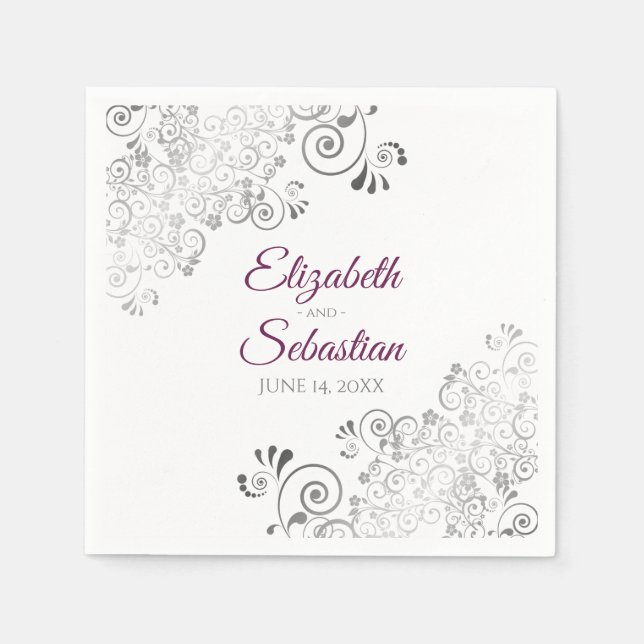 Cassis Lila mit Silver Frills Elegante Hochzeit Serviette (Vorderseite)