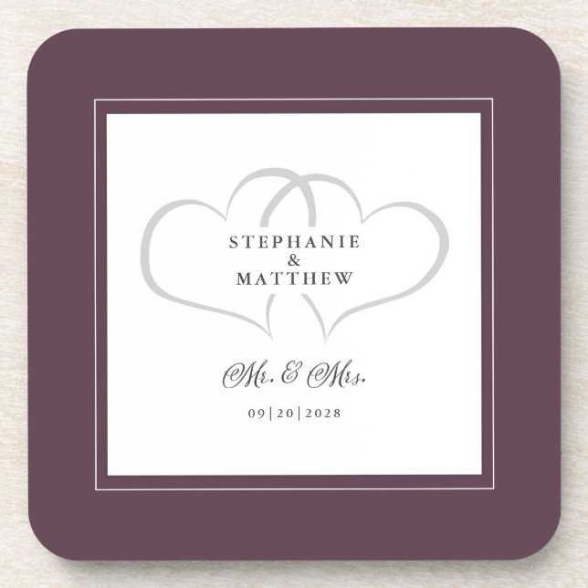 Cassis Lila Wedding Mr & Mrs. Elegant Chic Hearts Getränkeuntersetzer (Vorderseite)
