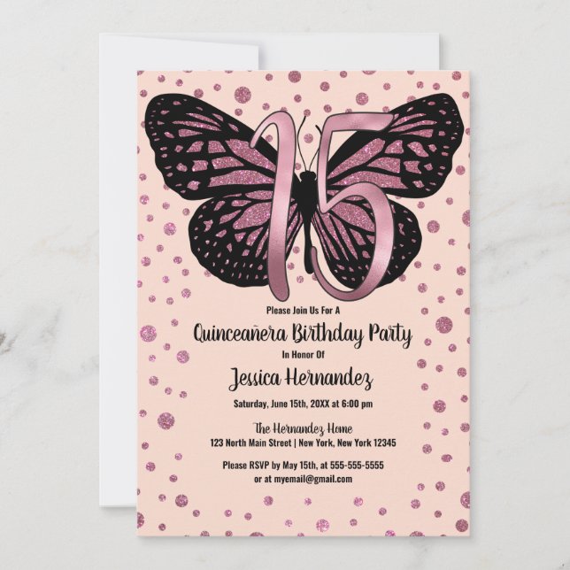 Cassis Pink Butterfly Glitzer Confetti Quinceañera Einladung (Vorderseite)