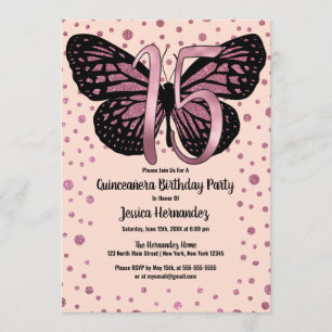 Cassis Pink Butterfly Glitzer Confetti Quinceañera Einladung