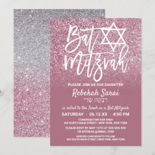 Cassis Pink Silver Imitate Glitzer Ombre Bat Mitzv Einladung