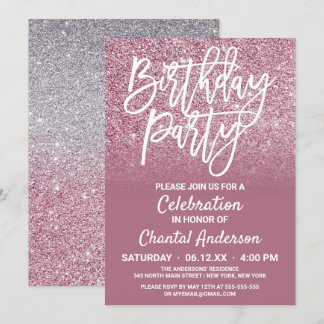 Cassis Pink Silver Imitate Glitzer Ombre Geburtsta Einladung