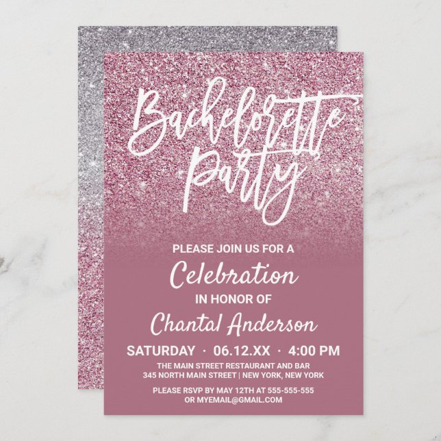 Cassis Pink Silver Imitats Glitzer Ombre Bachelore Einladung (Vorne/Hinten)