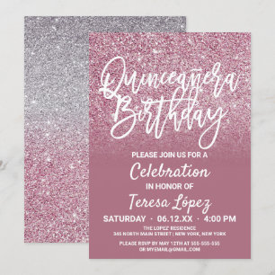 Cassis Pink Silver Imitats Glitzer Ombre Quinceañe Einladung