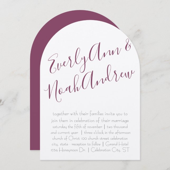 Cassis Plum Lila Minimalistische Typografie Hochze Einladung (Vorne/Hinten)