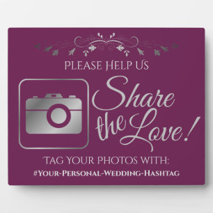 Cassis & Silver Wedding Foto Hashtag Sign Fotoplatte